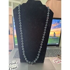 Vintage Silk Threaded Bead Necklace Blue Metal Spacers 15 Inch Boho Statement